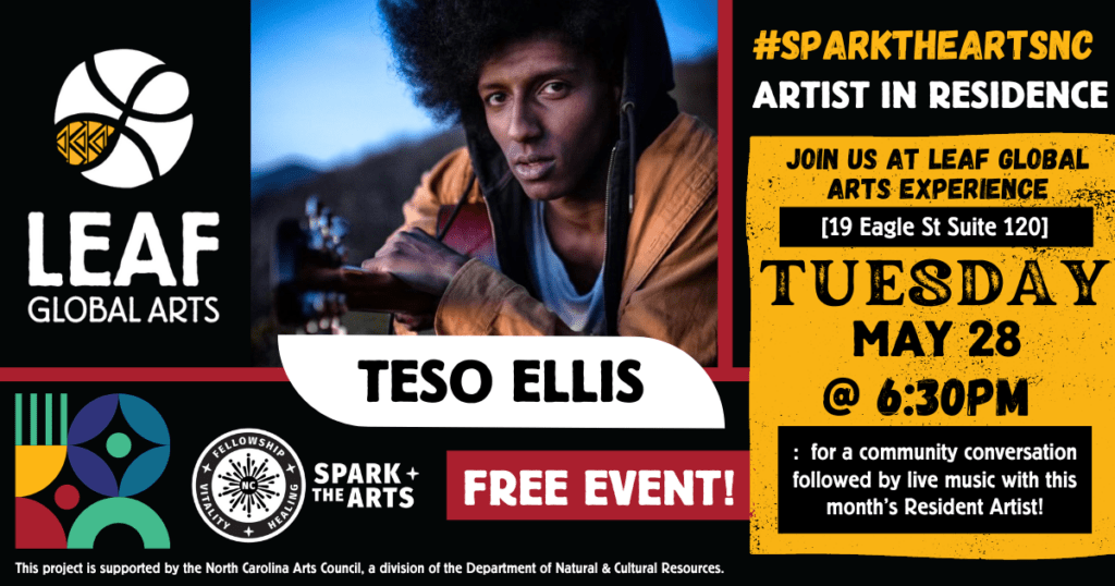Flyer for Teso Ellis' Spark the Arts NC free performance.